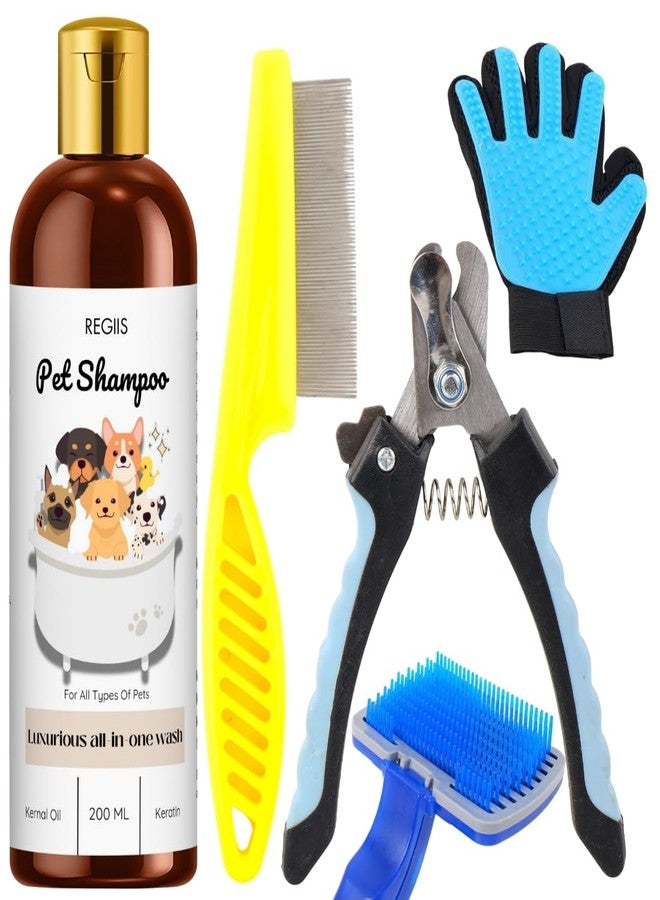 مجموعة ريجيس للعناية بالحيوانات الأليفة، مجموعة من 5 قطع تشمل شامبو للكلاب، وفرشاة لإزالة الشعر الزائد، ومقص أظافر، ومشط للبراغيث، وقفاز للعناية بجميع أنواع الحيوانات الأليفة - Image 1